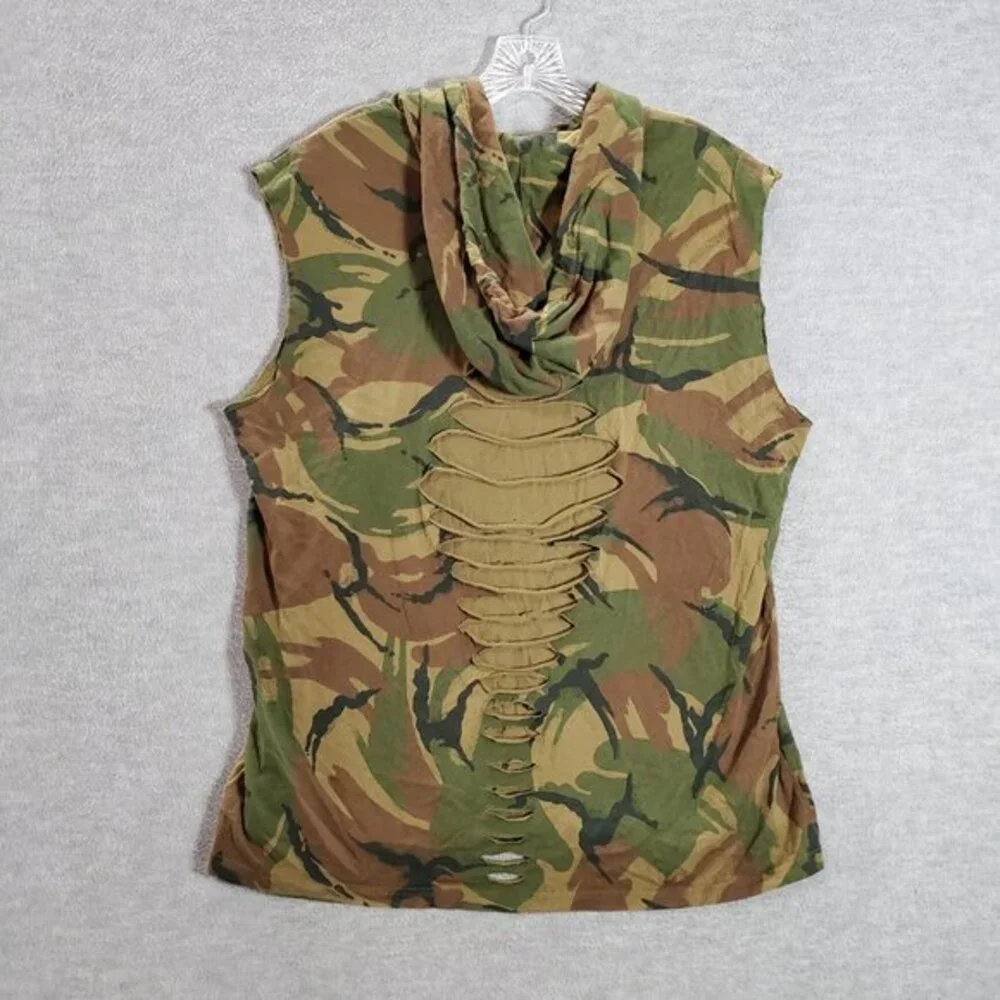 Polo Ralph Lauren Men Shirt Large Green Camo Hooded Custom‎ Cutoff READ